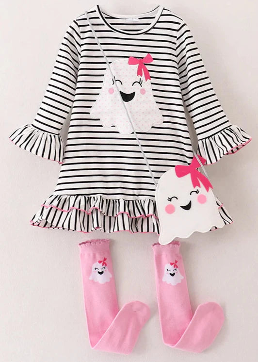 Girls Halloween Ghost Striped Applique Dress with bag and socks