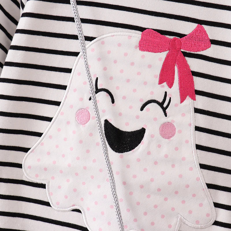Girls Halloween Ghost Striped Applique Dress with bag and socks