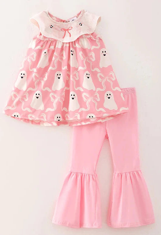 Girls Halloween Ghost Pink & White Embroidery Outfit Set