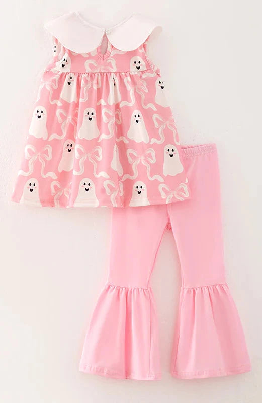 Girls Halloween Ghost Pink & White Embroidery Outfit Set