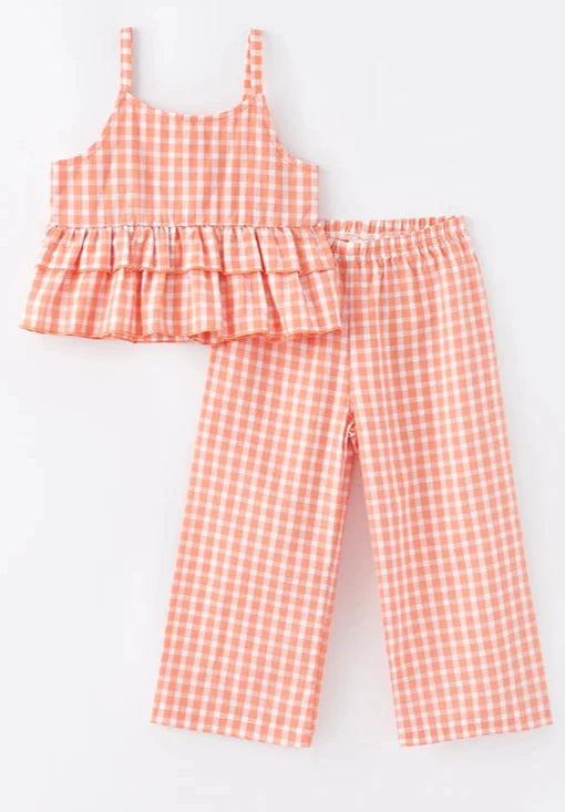 GIRLS SPRING CORAL PLAID COTTON OUTFIT SET