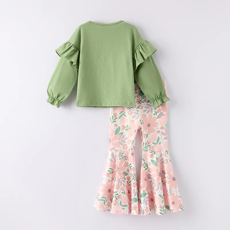 GIRLS FALL BOW APPLIQUE COTTON TOP FLORAL PRINT PANTS SET