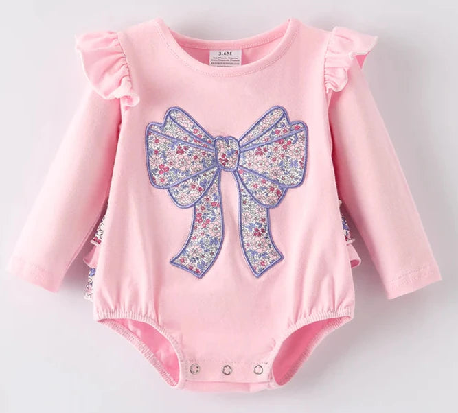 TODDLER GIRLS FALL BOW APPLIQUE COTTON ROMPER