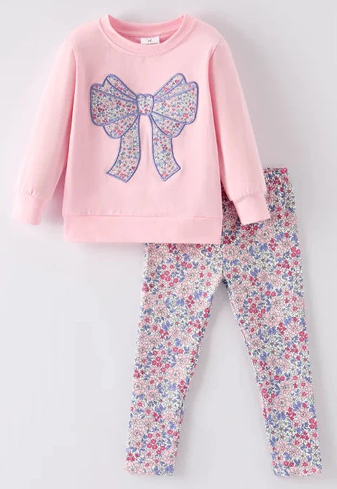 GIRLS FALL BOW APPLIQUE COTTON TOP FLORAL PRINT PANTS SET