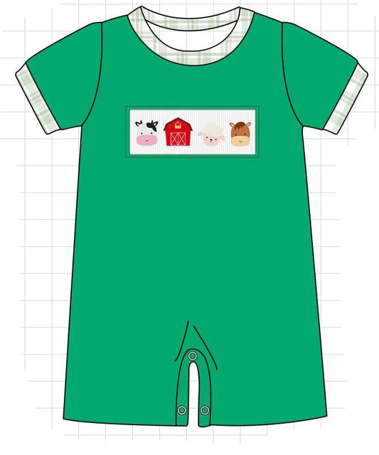 Green Farm Embroidery Smocked Baby Boy ShortAll