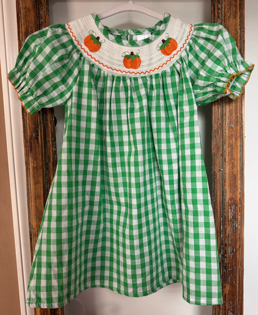 Green Plaid Woven Smocked Pumpkin Bishop Dress