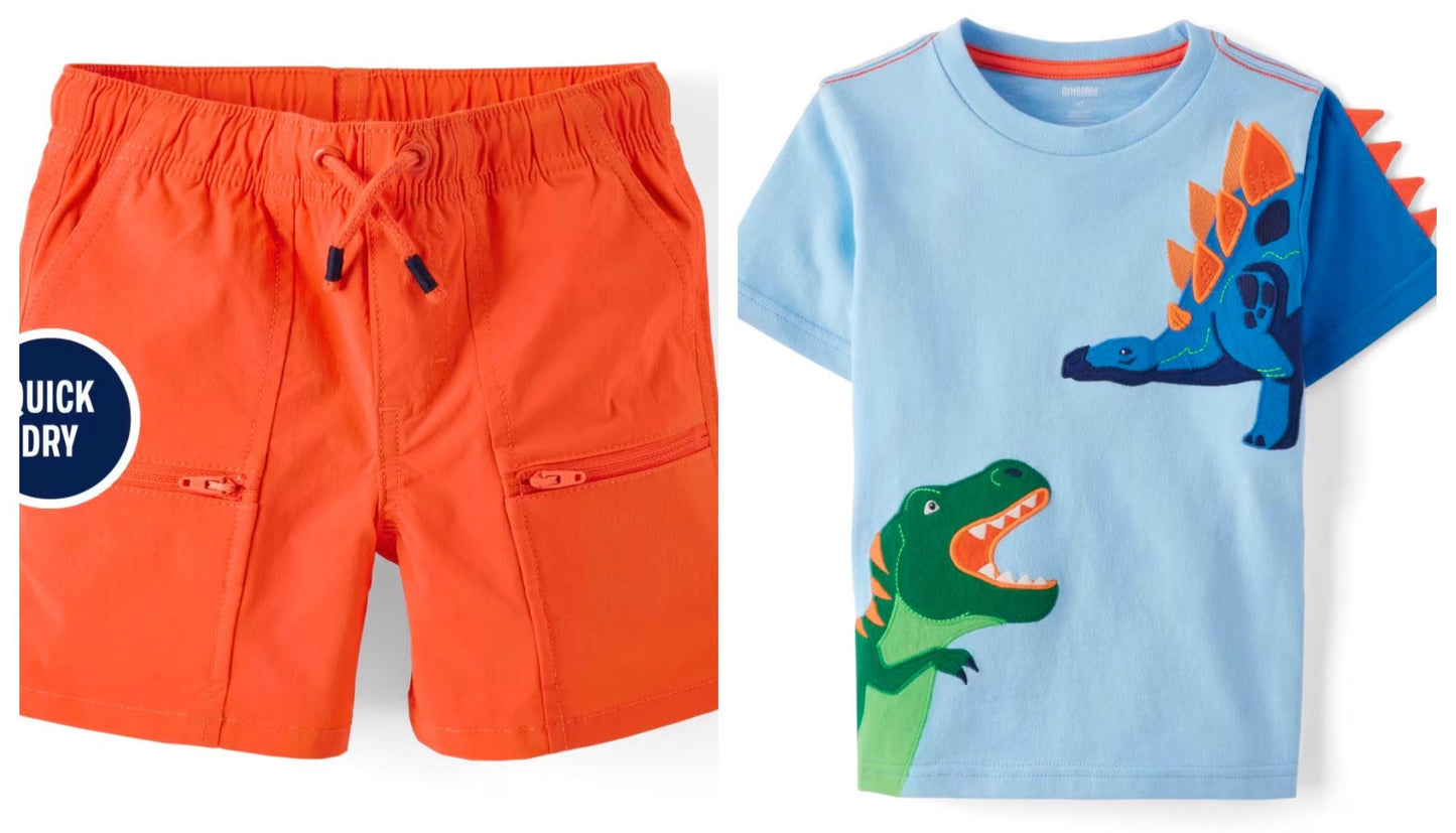 Boys Embroidered Dino 2 Pc Set - Little Essentials - Orange & Blue