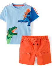 Boys Embroidered Dino 2 Pc Set - Little Essentials - Orange & Blue
