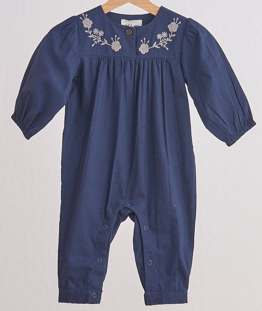 NAVY FLORAL EMBROIDERY LINEN GIRL ROMPER