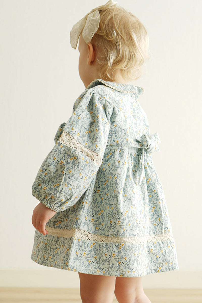 BLUE FLORAL CORDUROY LACE DRESS