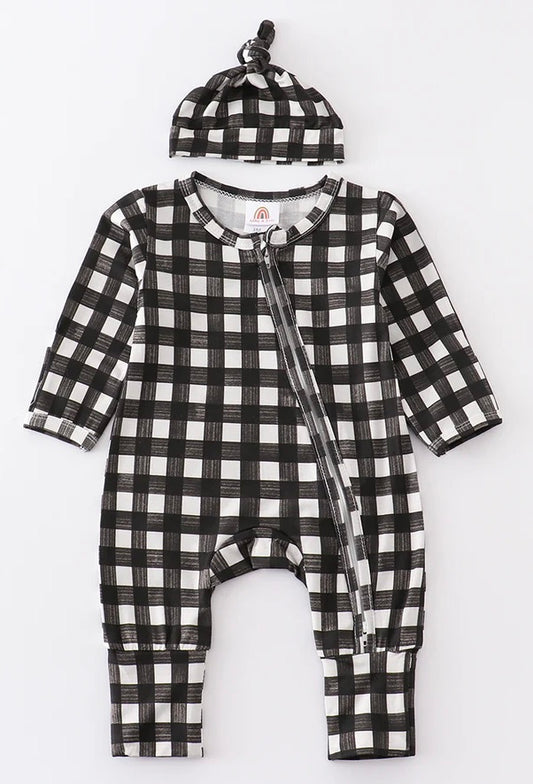 Black Check Bamboo Sleeper with hat