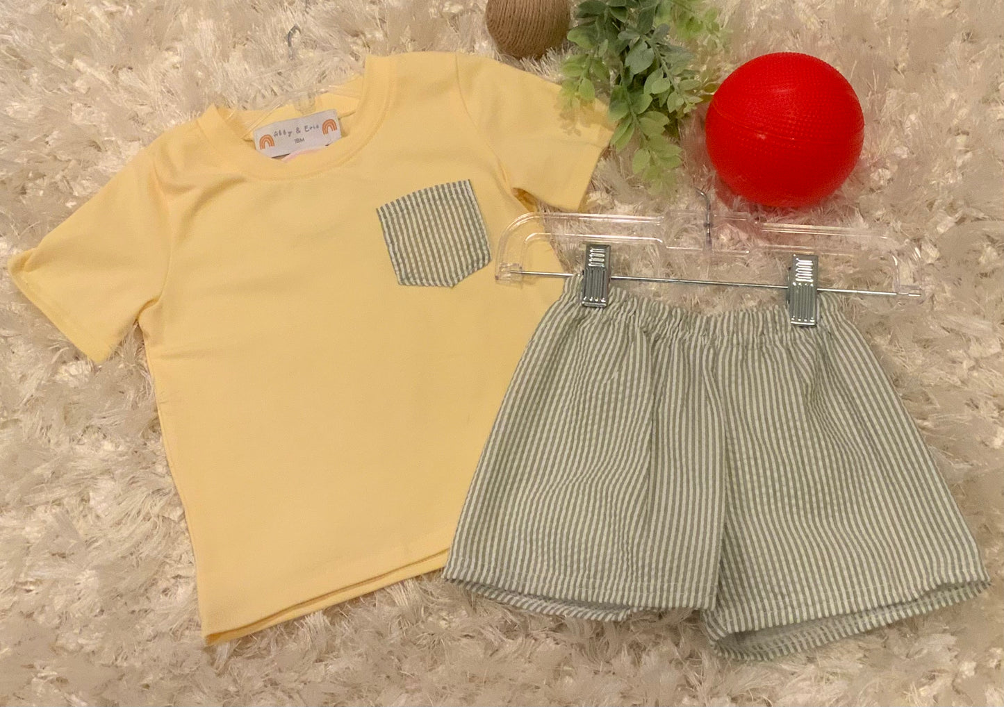 Pale Yellow, Green Stripe Seersucker Short Set