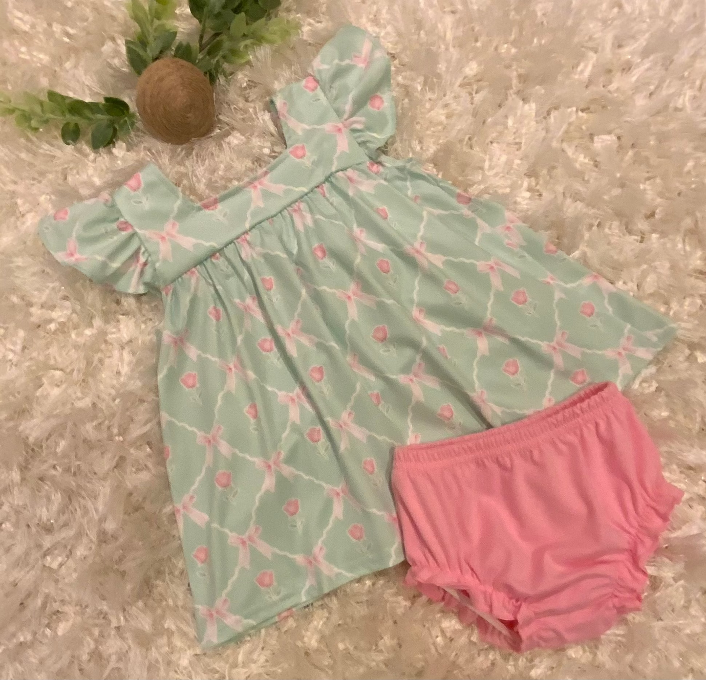 Mint Green and Pink Bow Tie and Rose 2 Pc Bloomer Set