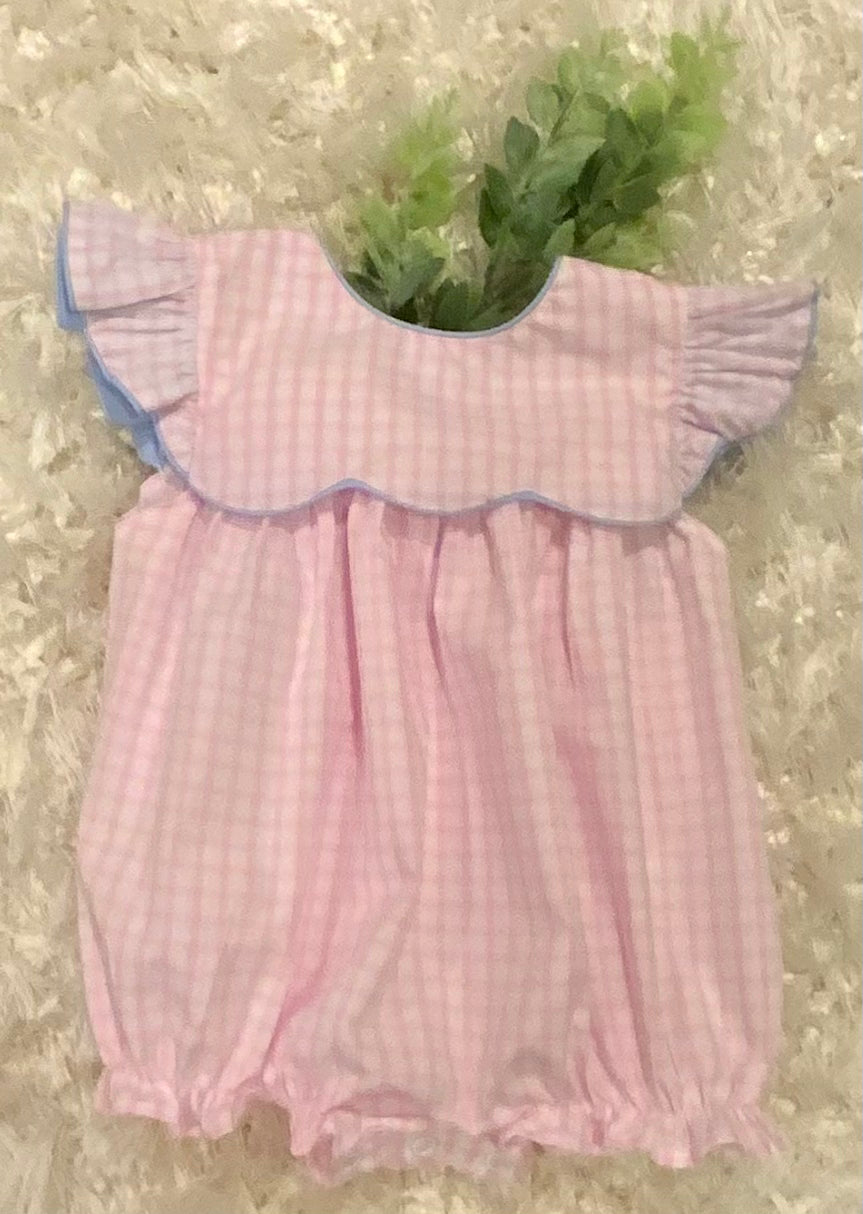 Pink and White check Romper trimmed in Baby Blue