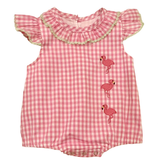 Pink Check Embroidery Flamingo Bubble