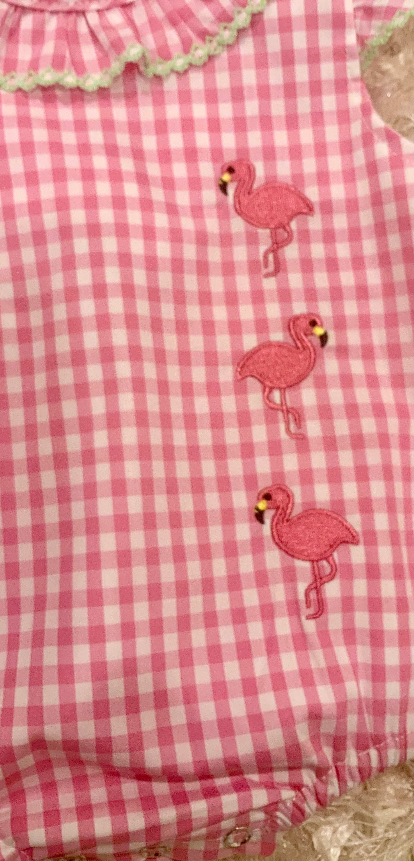 Pink Check Embroidery Flamingo Bubble