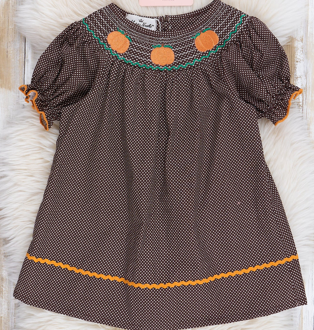 Brown Plaid Smocked Pumpkins Ruffle Dress