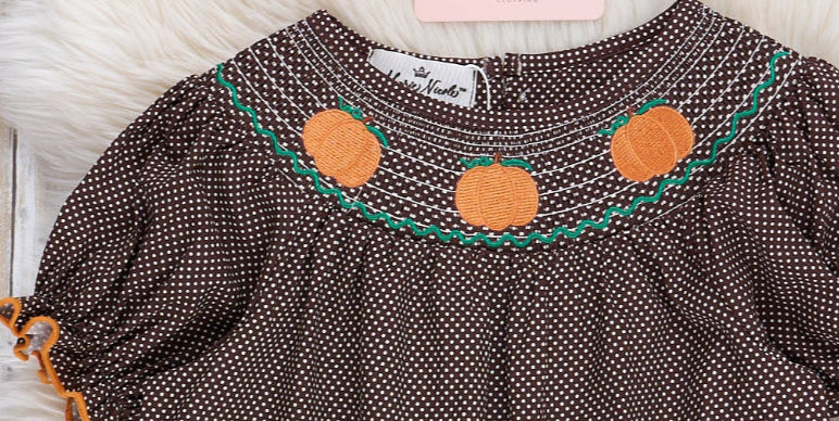 Brown Plaid Smocked Pumpkins Ruffle Dress