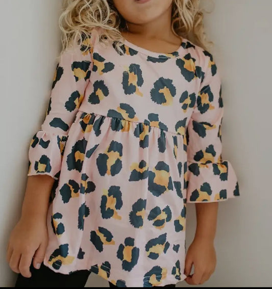 Fall/Winter Pink Leopard Ruffle sleeve Shirt/Blouse/Tunic Kids