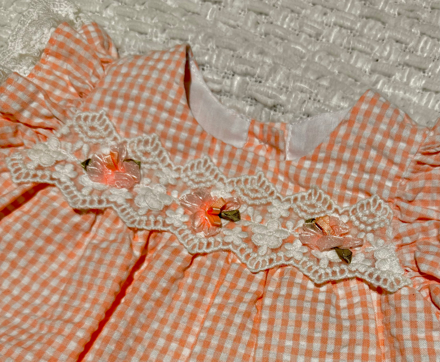 Peach Check Seersucker Lace/Ruffle Dress Baby Girl Size 3-6M