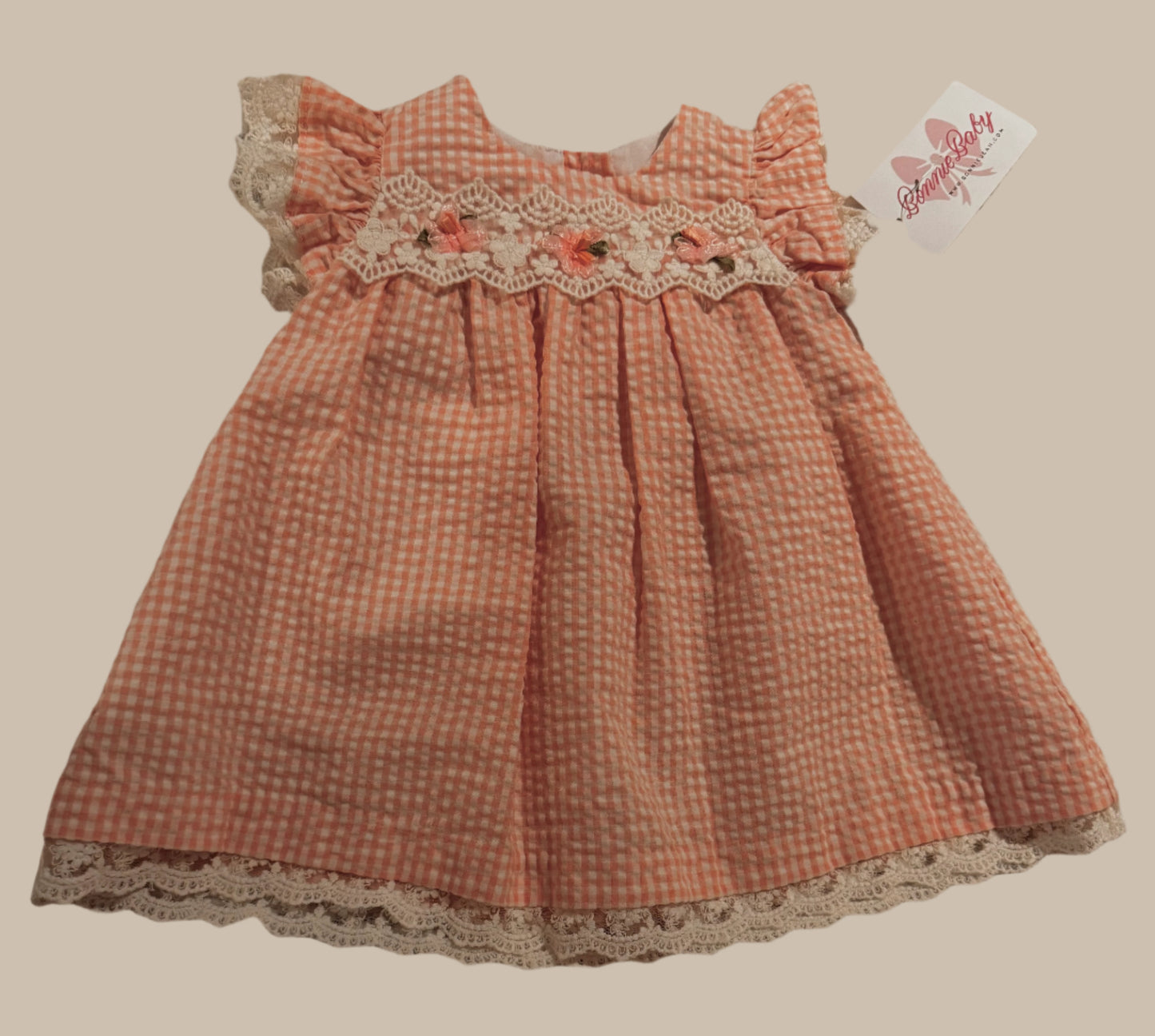Peach Check Seersucker Lace/Ruffle Dress Baby Girl Size 3-6M