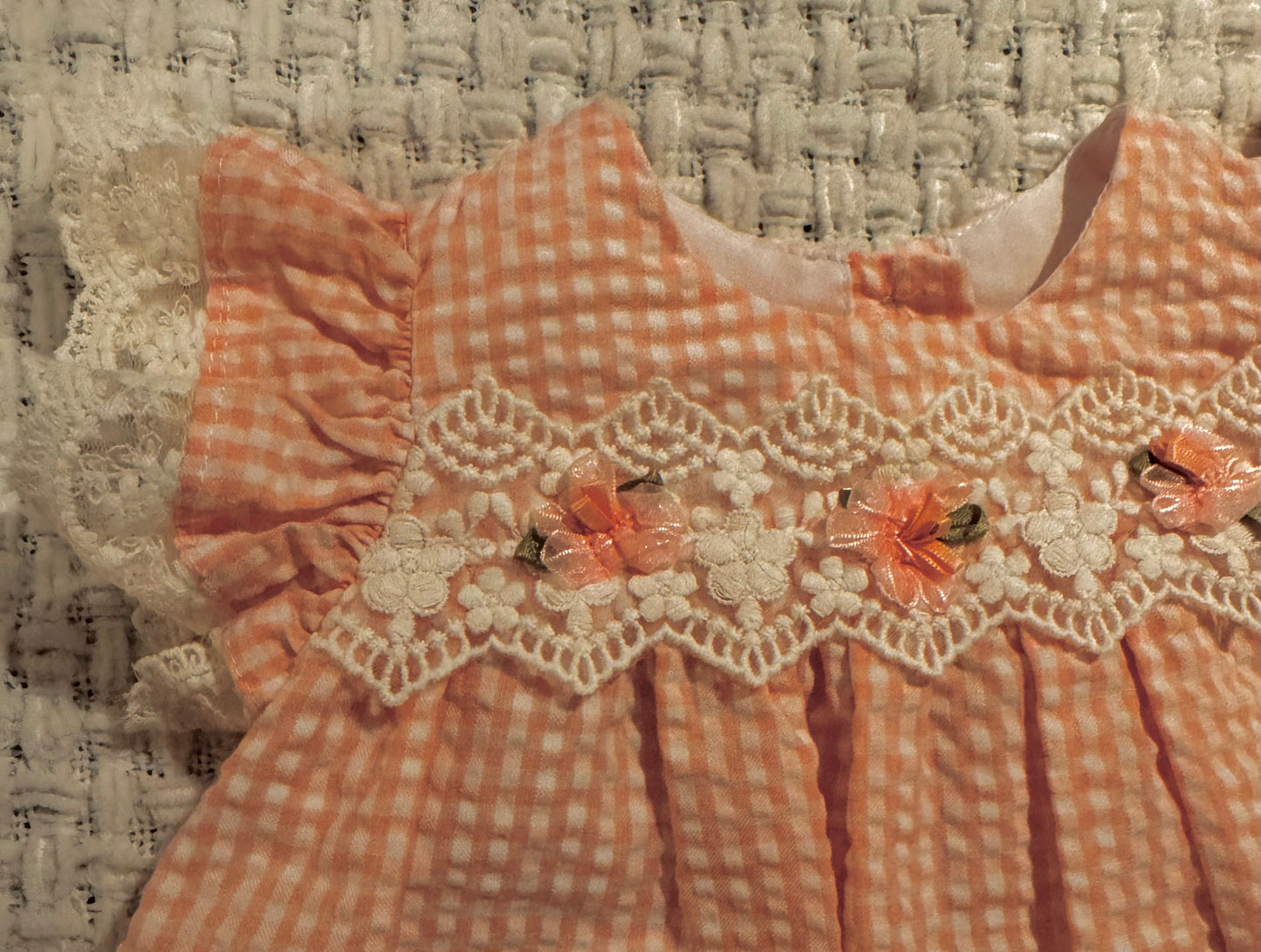 Peach Check Seersucker Lace/Ruffle Dress Baby Girl Size 3-6M
