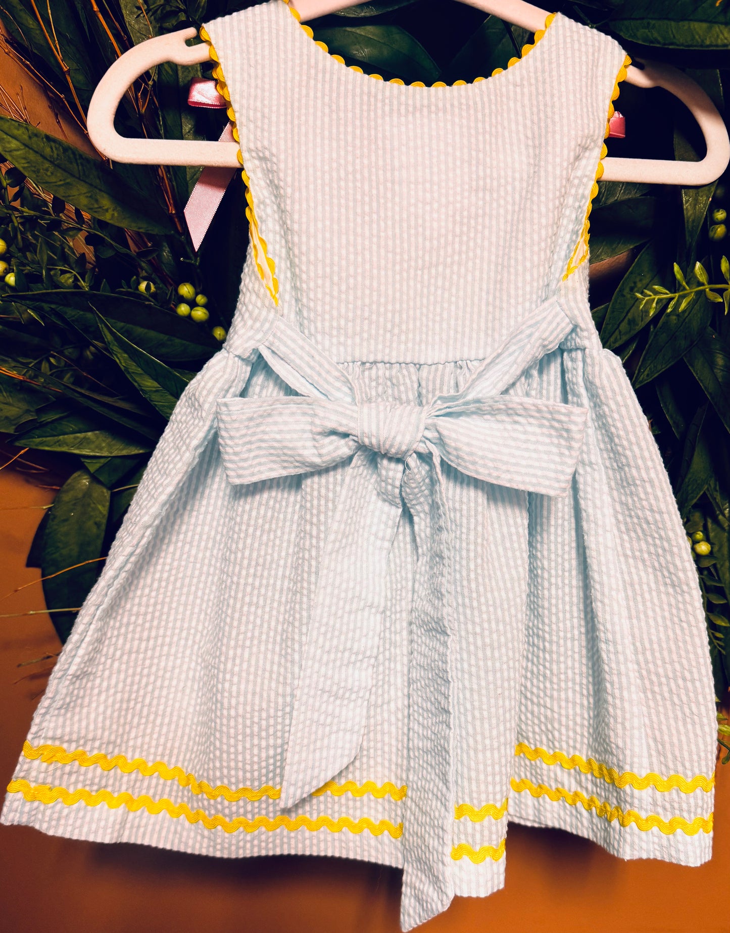 Fuzzy Chick and Flowers seersucker Jumper/Dress 12-24M