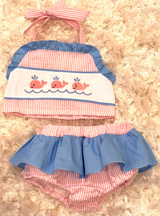 Pink seersucker whale embroidery 2 piece girls swimsuit