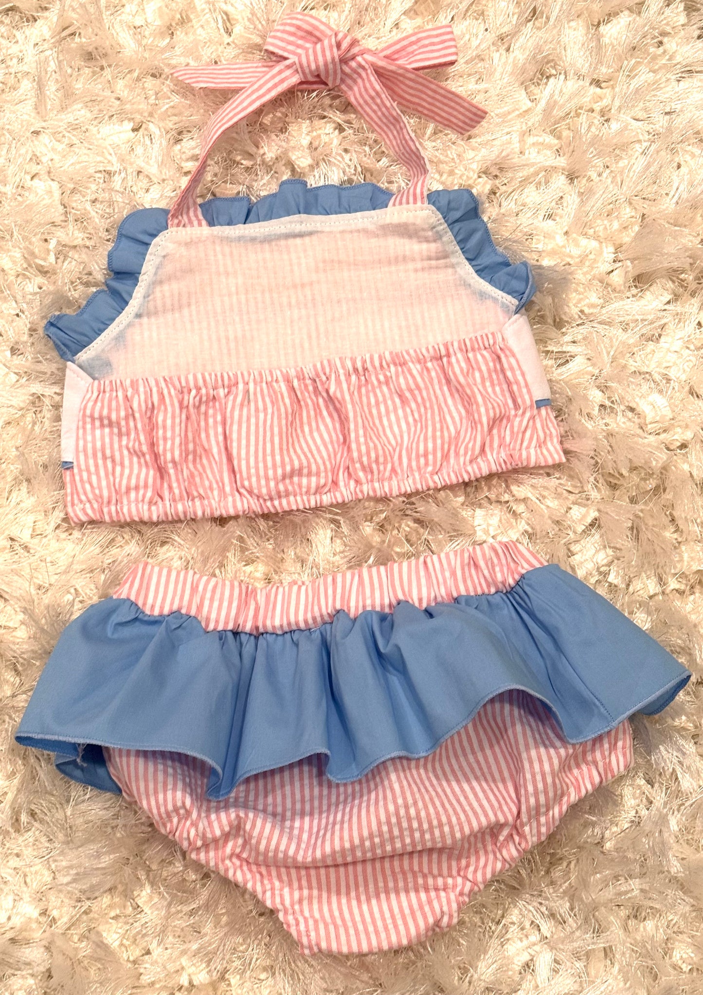 Pink seersucker whale embroidery 2 piece girls swimsuit