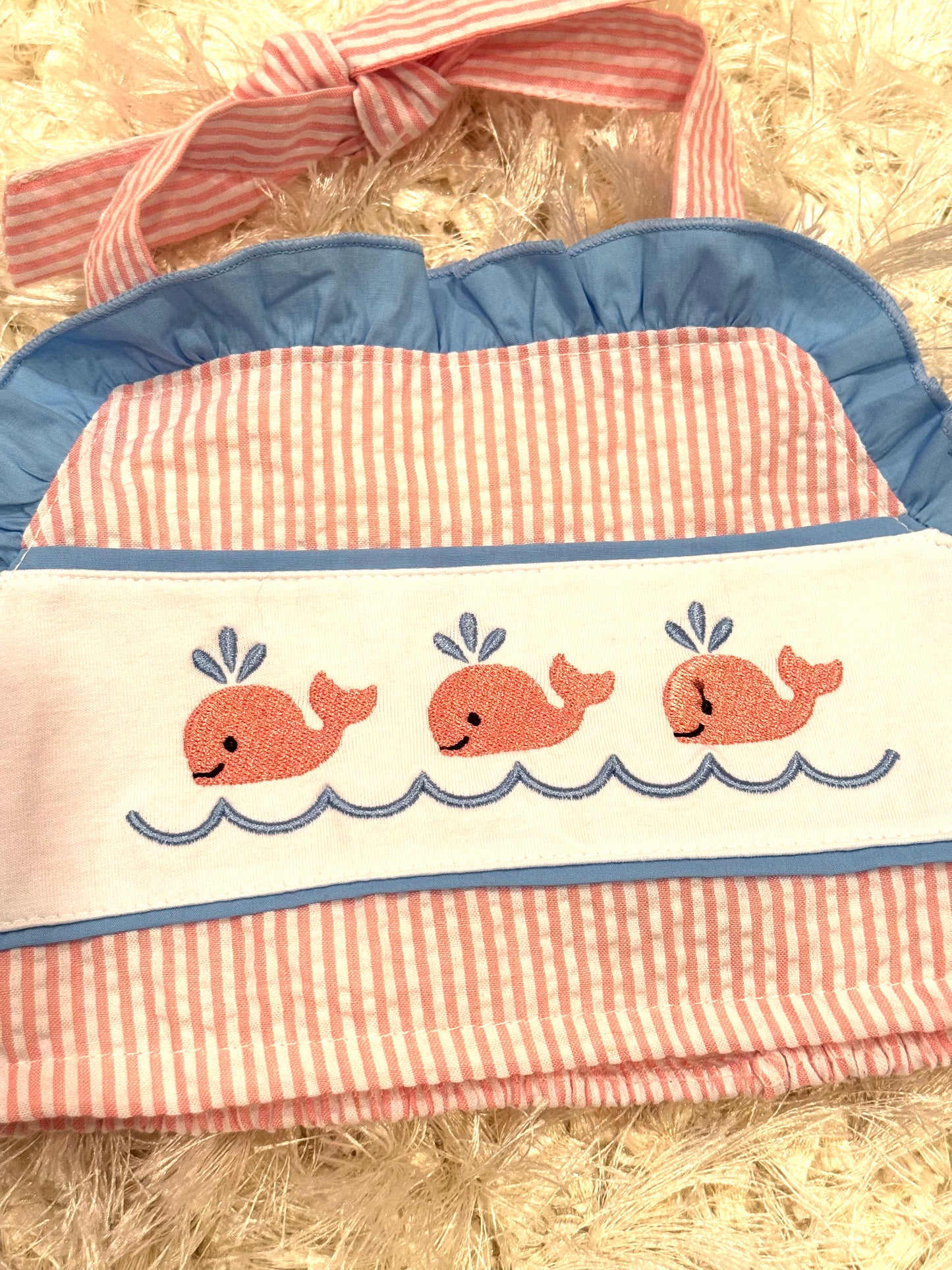 Pink seersucker whale embroidery 2 piece girls swimsuit
