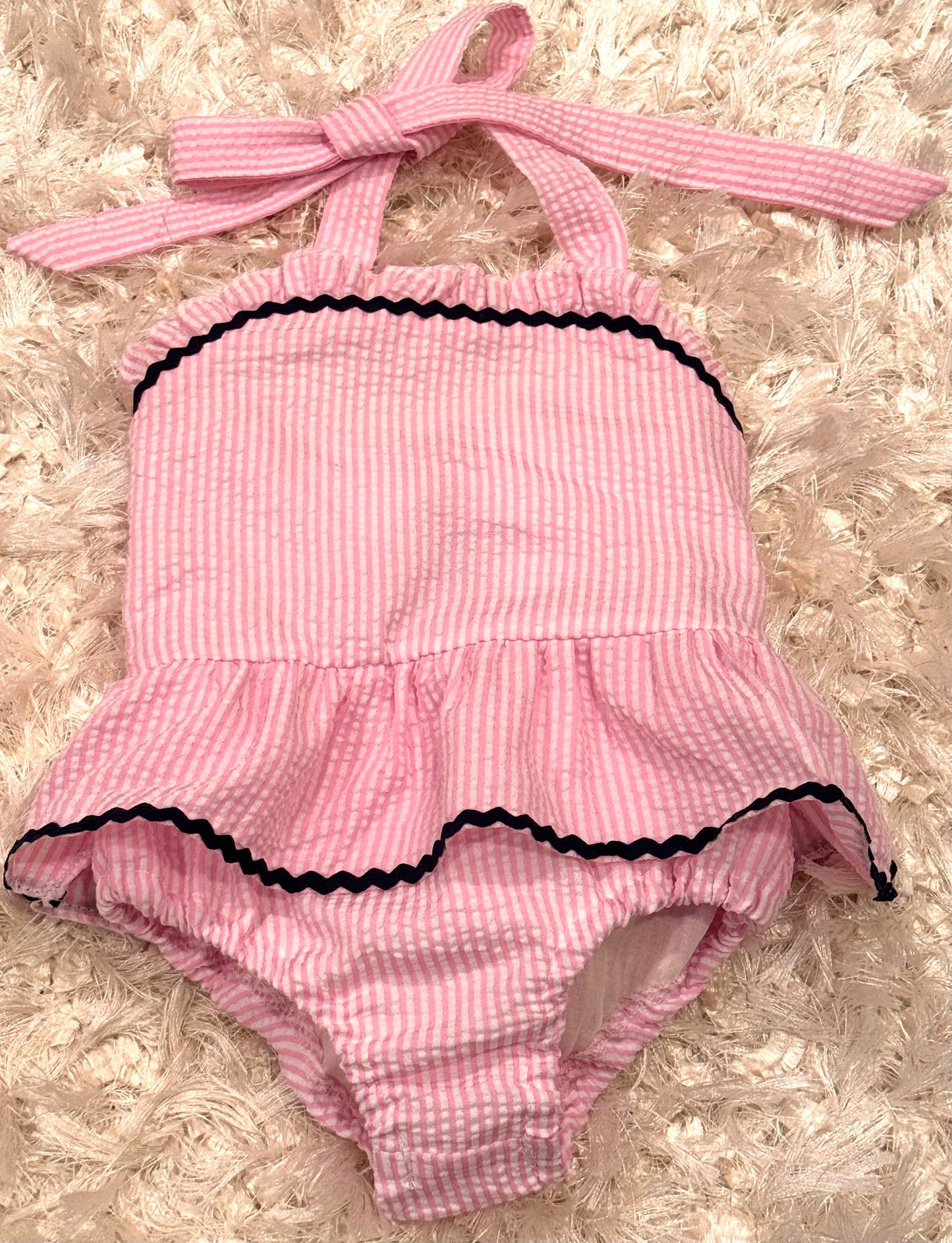 Pink and Navy trim seersucker one piece girls swimsuit