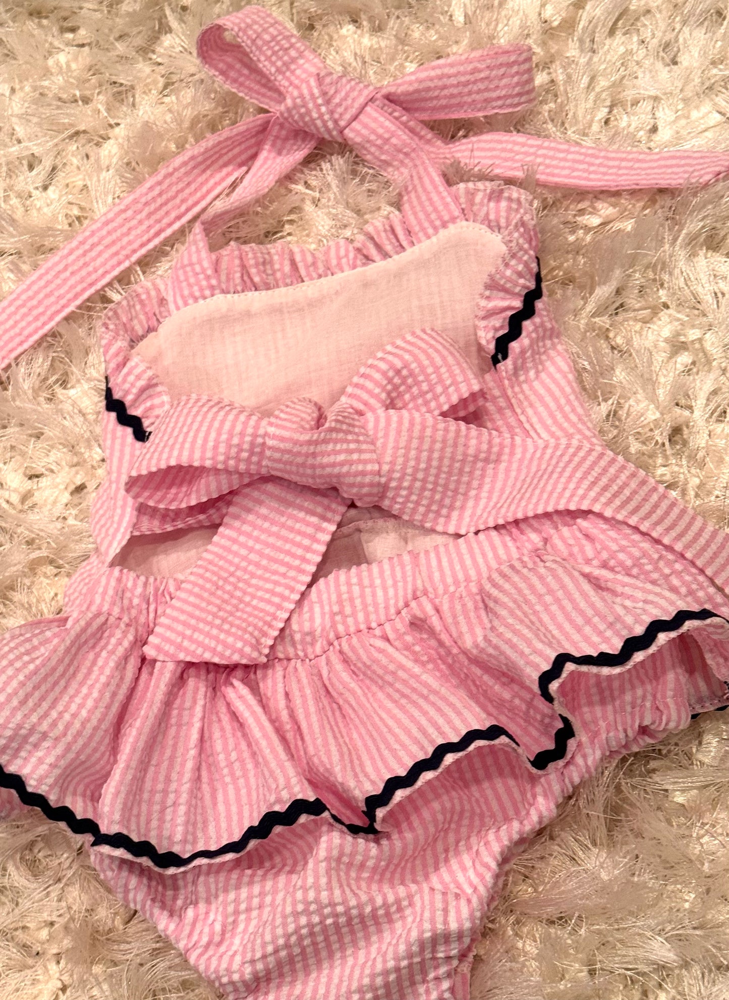 Pink and Navy trim seersucker one piece girls swimsuit