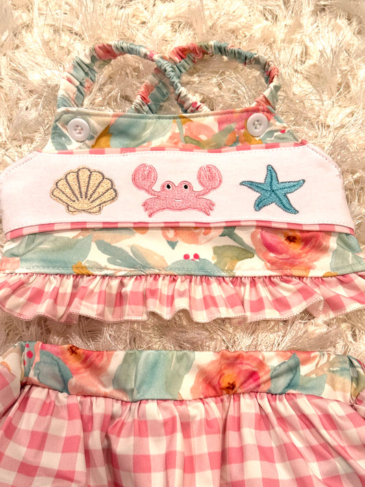 Pink floral crab embroidery 2 piece girl swimwear