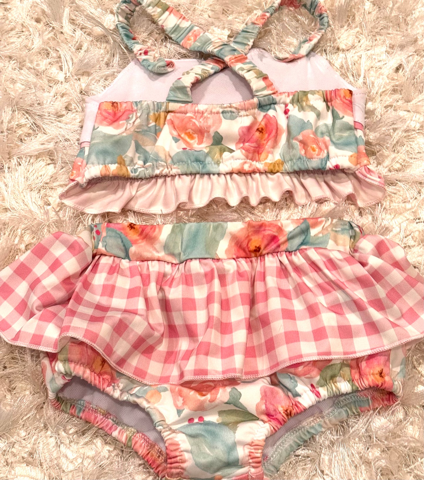 Pink floral crab embroidery 2 piece girl swimwear