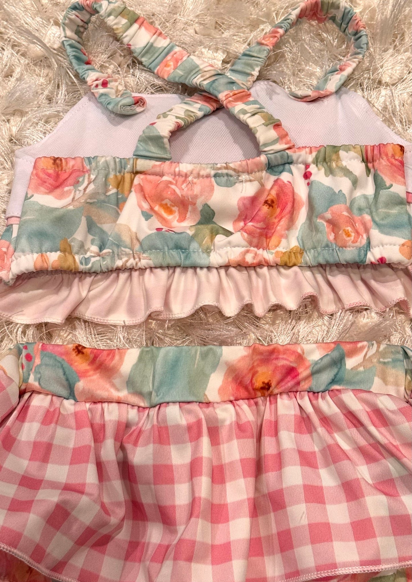 Pink floral crab embroidery 2 piece girl swimwear