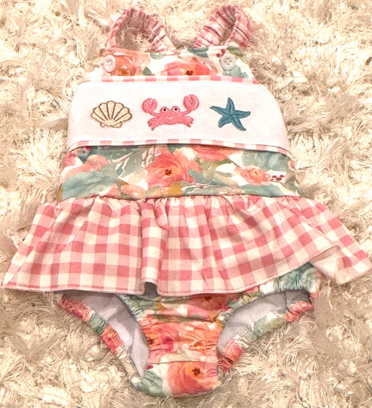Pink floral print embroidery crab one piece girls swimwear