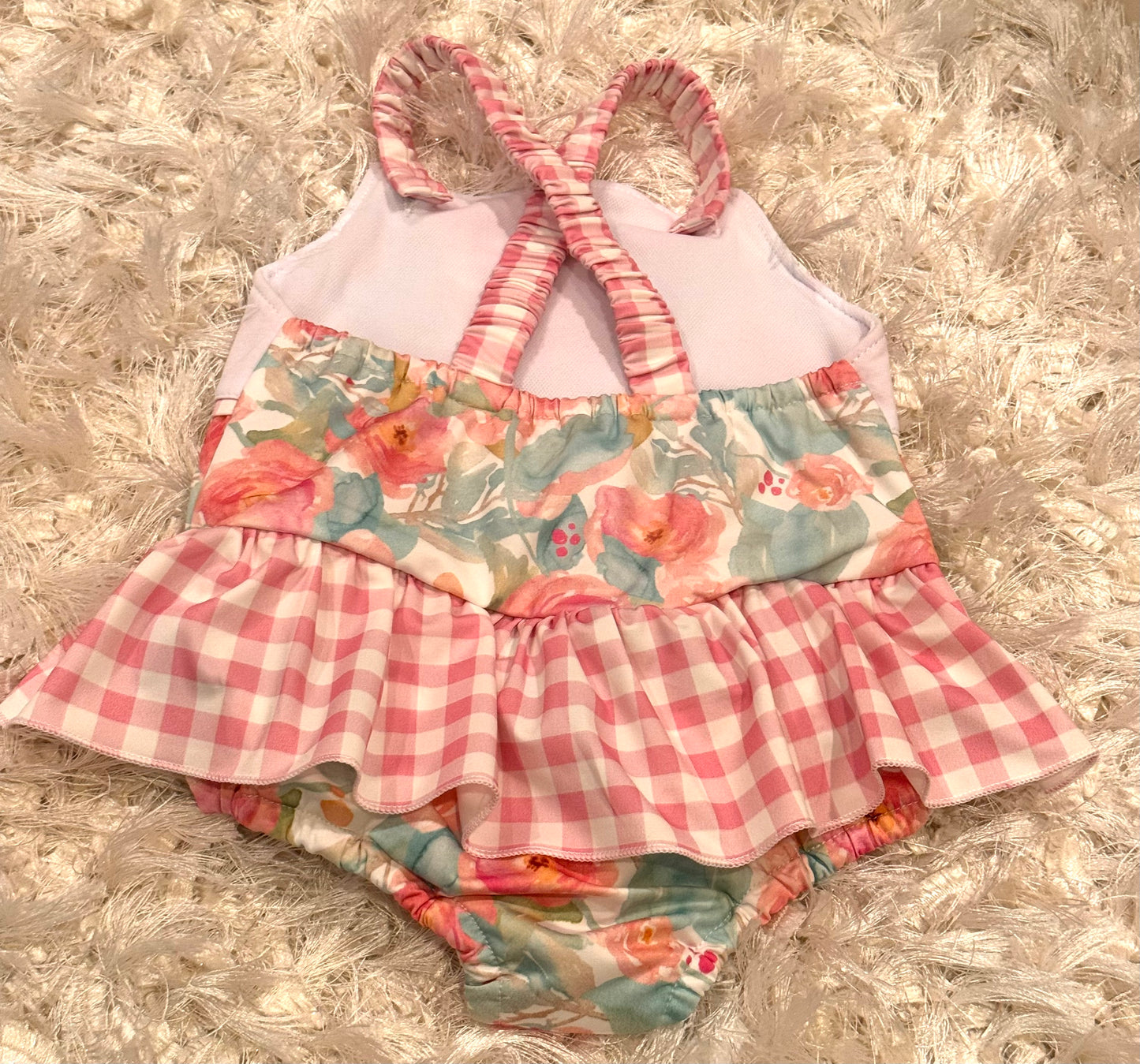 Pink floral print embroidery crab one piece girls swimwear