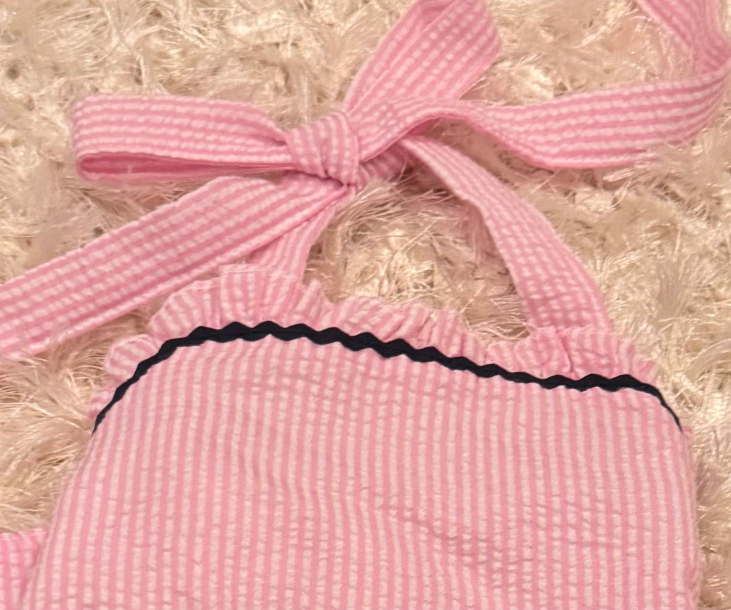 Pink and Navy trim seersucker one piece girls swimsuit