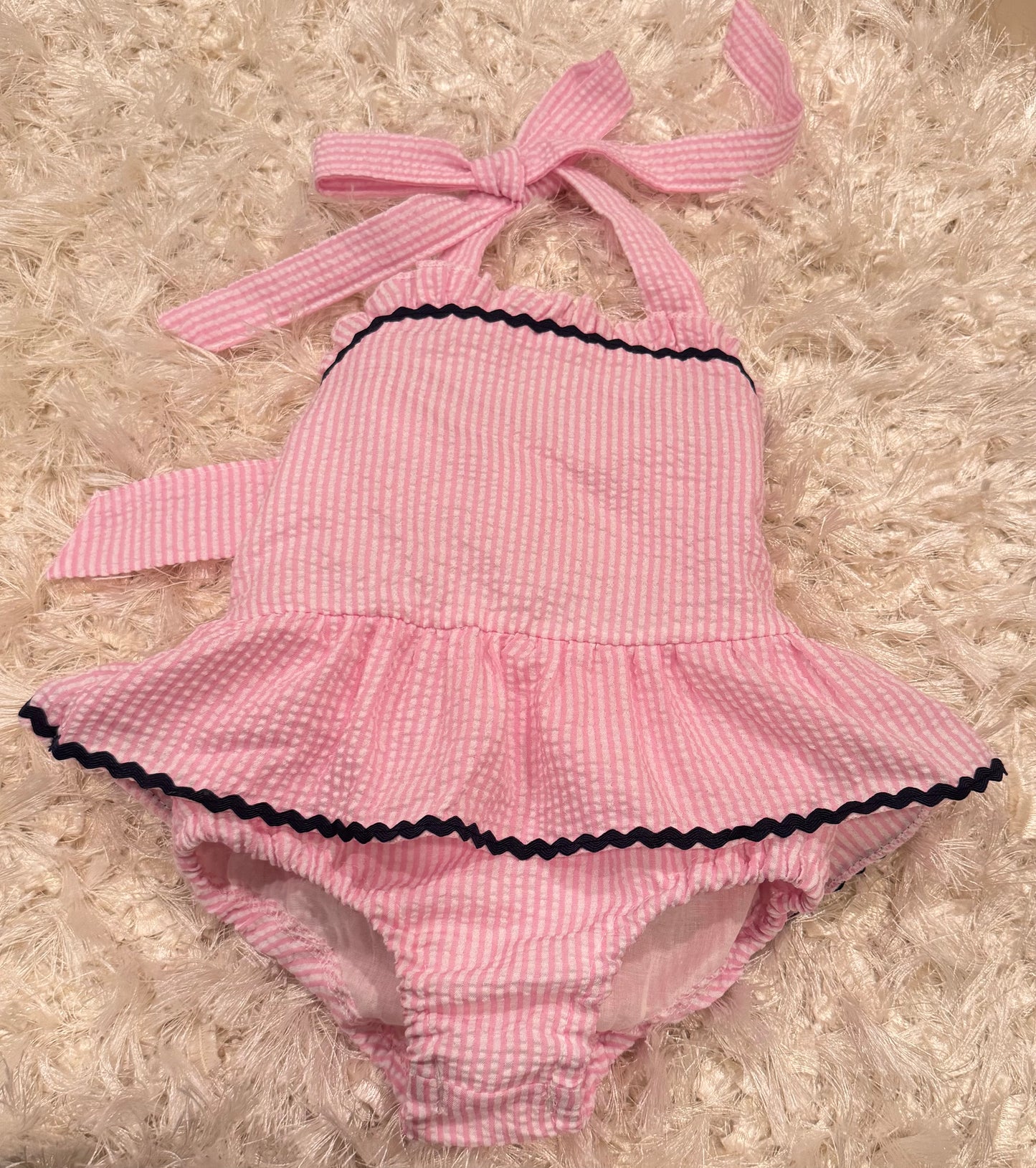 Pink and Navy trim seersucker one piece girls swimsuit