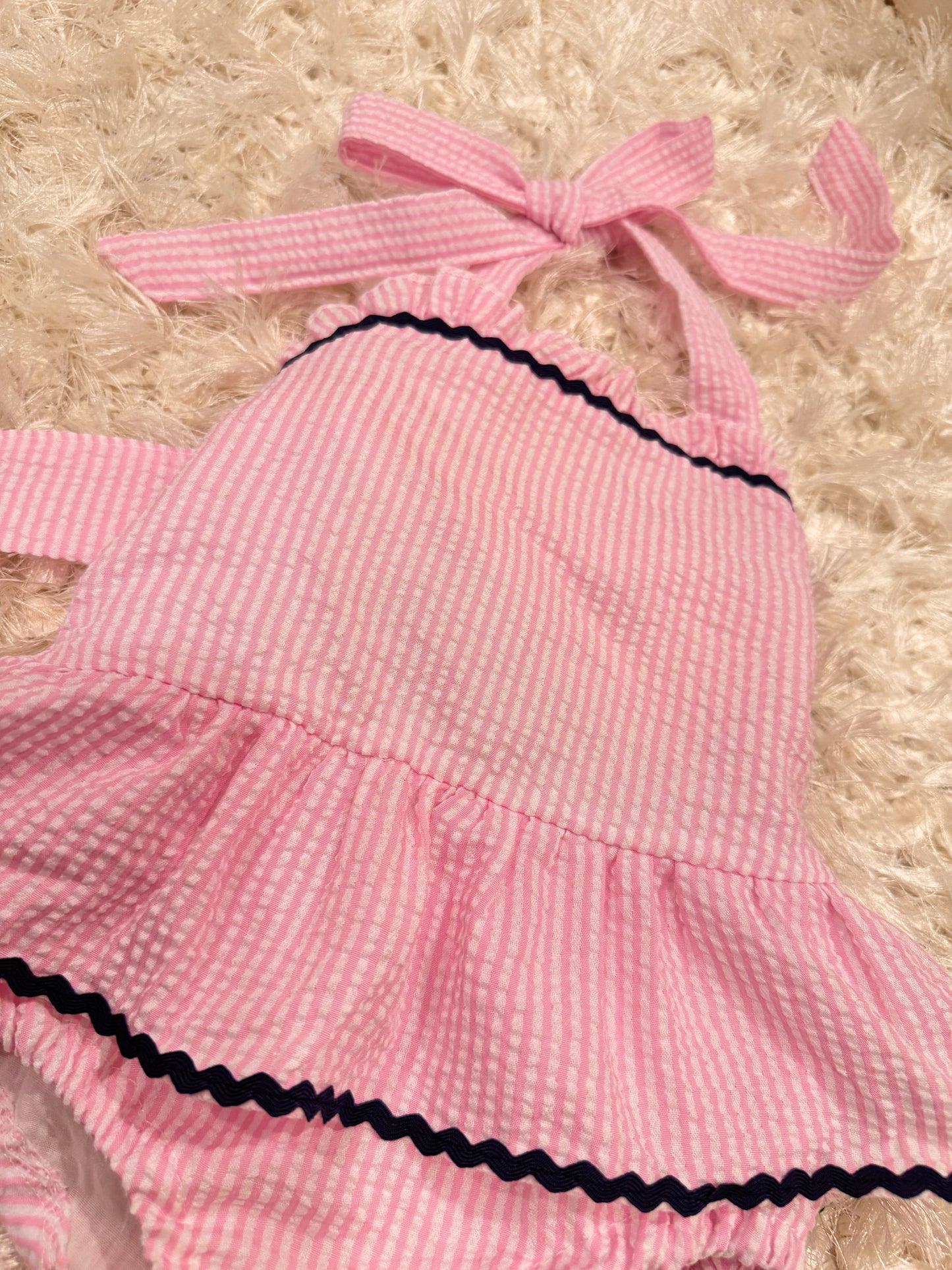 Pink and Navy trim seersucker one piece girls swimsuit