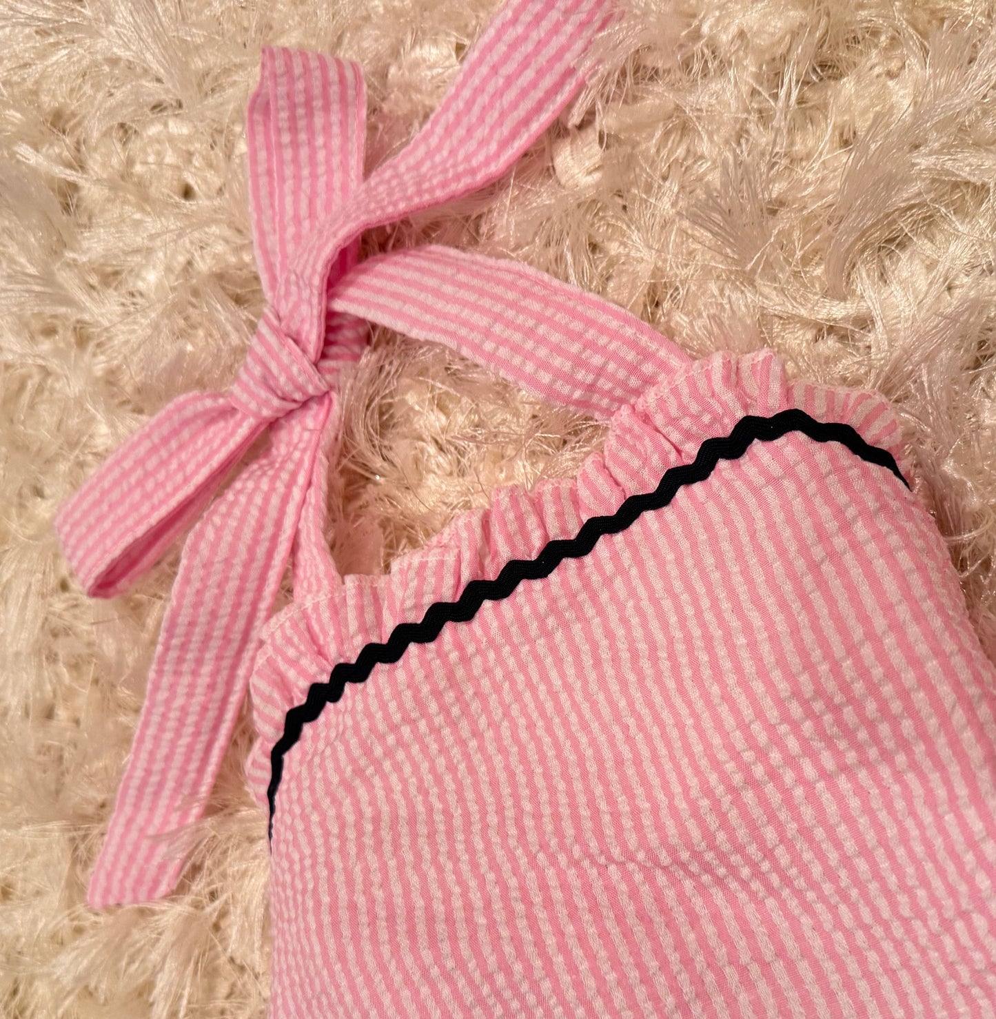 Pink and Navy trim seersucker one piece girls swimsuit