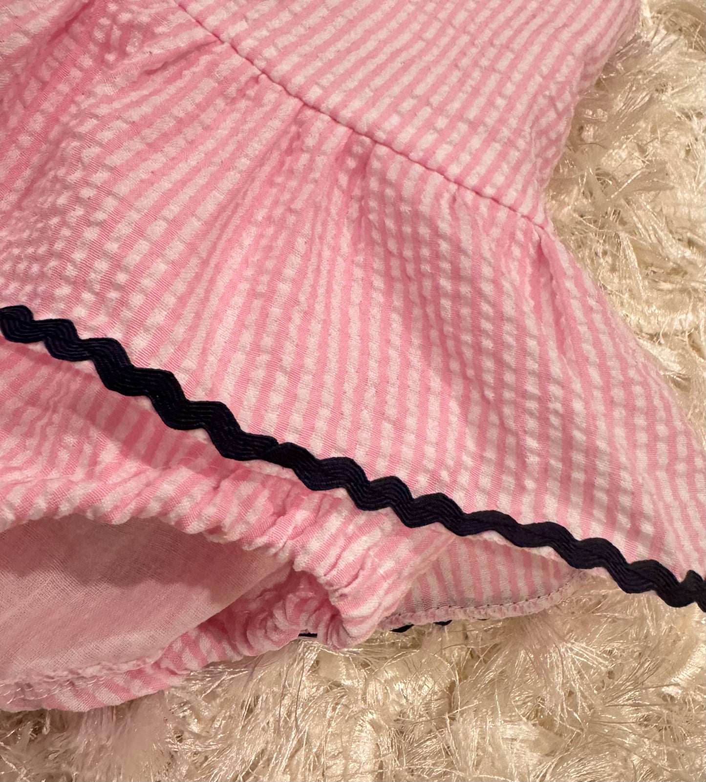 Pink and Navy trim seersucker one piece girls swimsuit