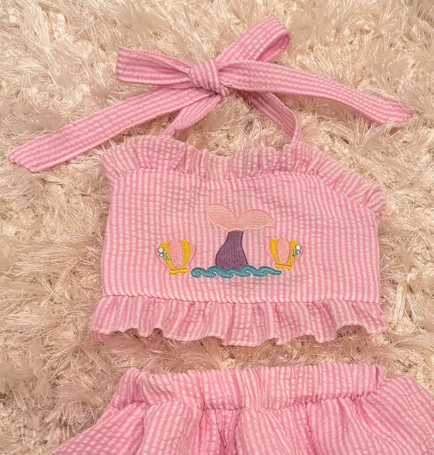 Pink seersucker mermaid embroidery girls 2 piece swimsuit