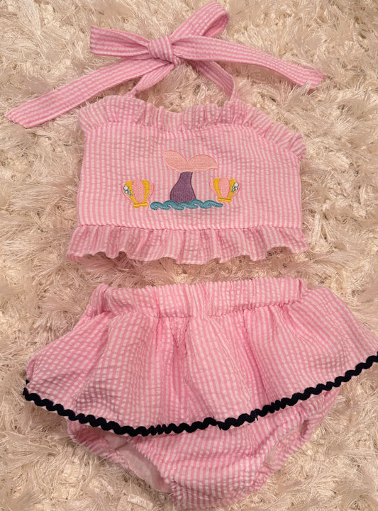 Pink seersucker mermaid embroidery girls 2 piece swimsuit