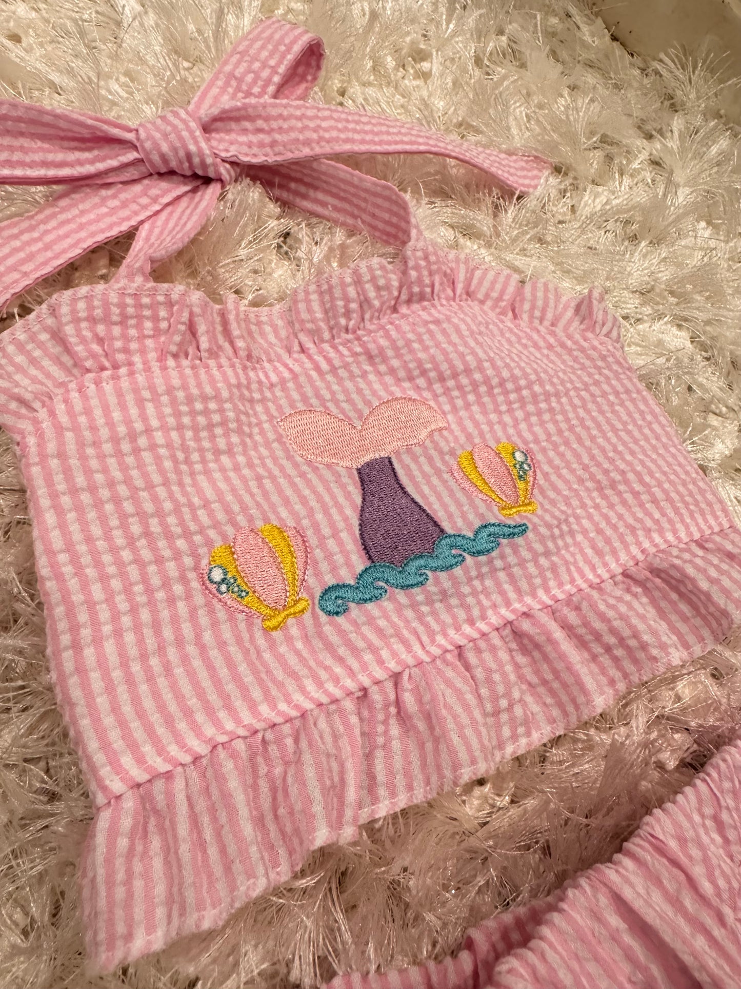 Pink seersucker mermaid embroidery girls 2 piece swimsuit