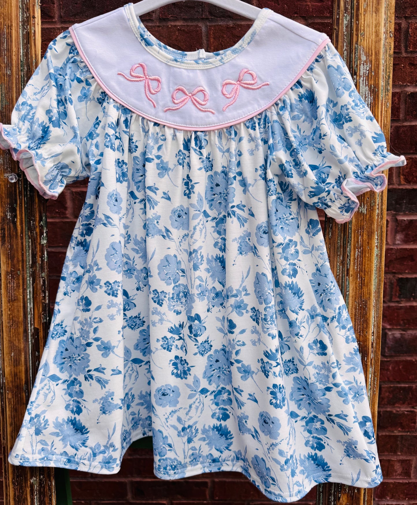 Pink Bow Blue Floral White Collar Dress