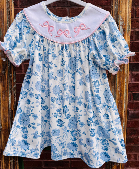 Pink Bow Blue Floral White Collar Dress