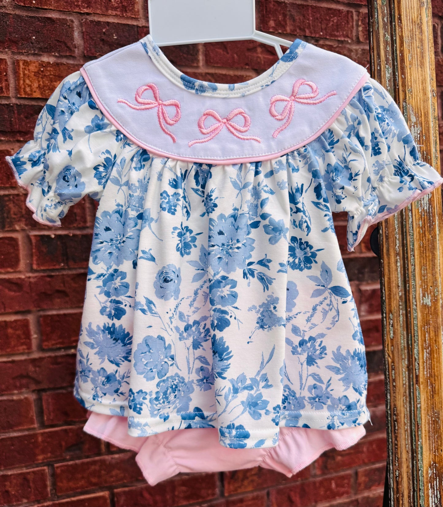 Pink Bow Blue Floral Baby Girl Bunting Set