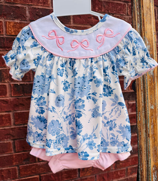 Pink Bow Blue Floral Baby Girl Bunting Set