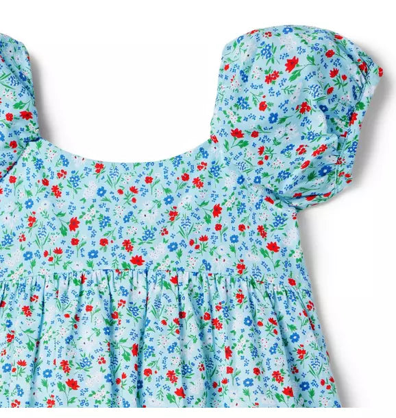 Floral Puff Sleeve Dress Blue 2T